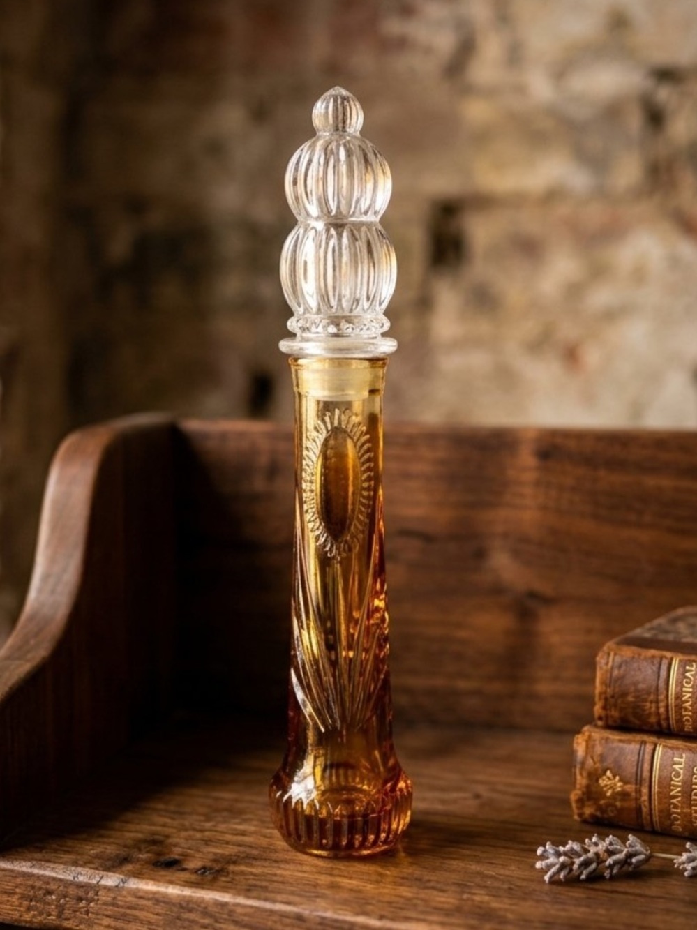 Crystal vintage bud vase with clear stopper
Amber
Vintage 
Great gift